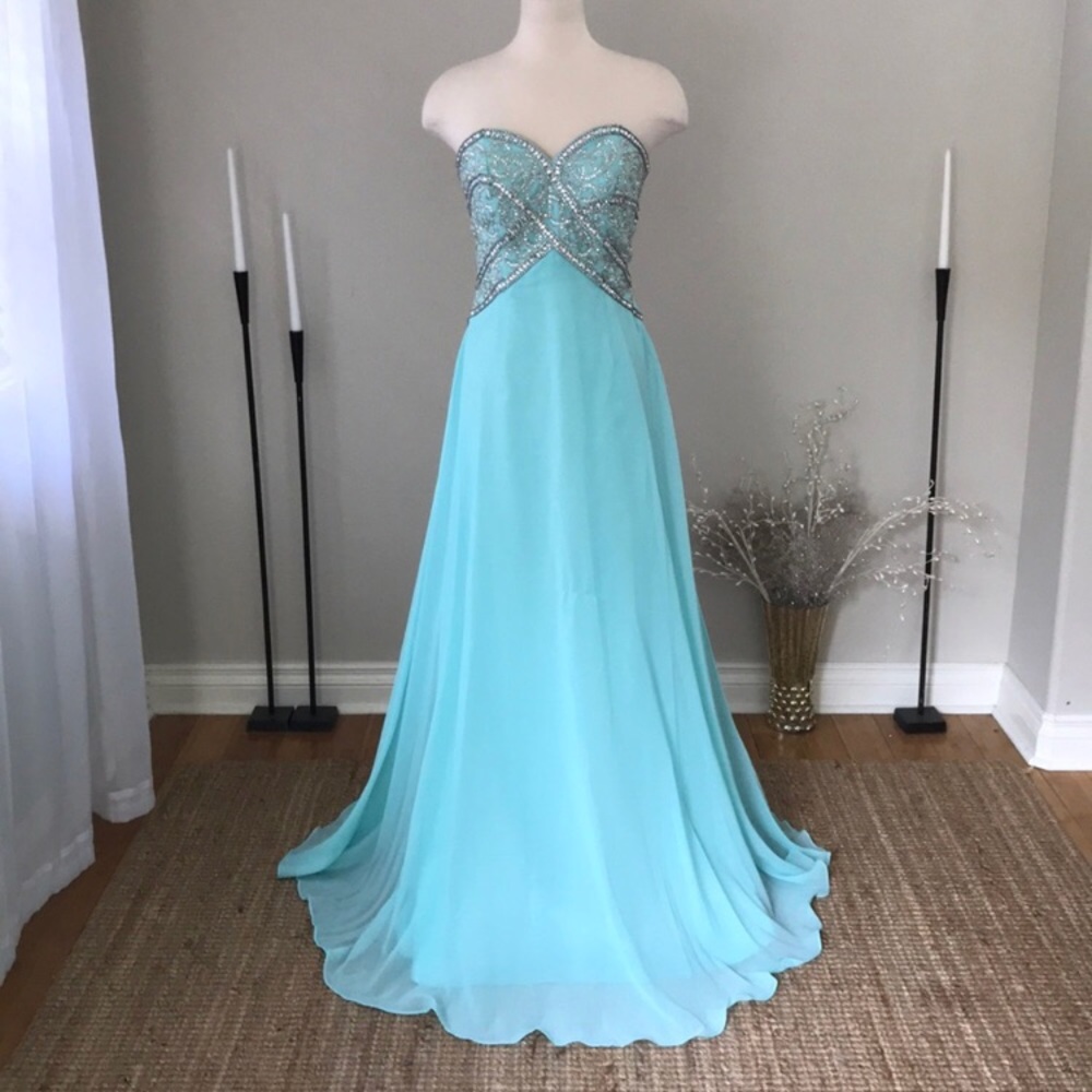 Xcite Prom blue + silver gemstone strapless dress